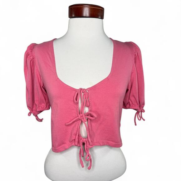 Free People Pink Puff Sleeve Tie Front Crop Top Size Small - Y2K Coquette Barbie - Picture 1 of 7